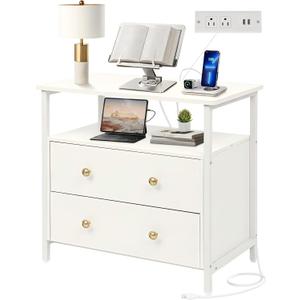 Edbuosy 27 inch Wide Night Stand with Charging Station, Bedside Table with Open Shelf, 2 Drawers Small Wood Dresser, Modern Wood Nightstand for Bedroom/Living Room (White)