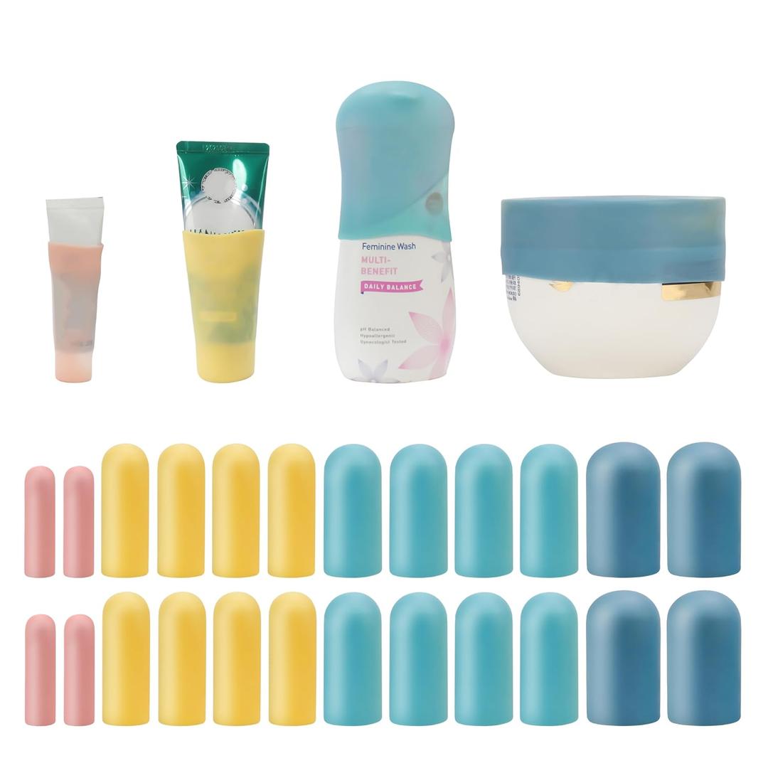 21 Pack Multi Sizes Silicone Bottle Covers, Travel Accessories Must Haves, Cruise Ship Essentials, Travel Size Toiletries,Travel Essentials for Women Men,Travel Gadgets, Elastic Sleeves for leak proof