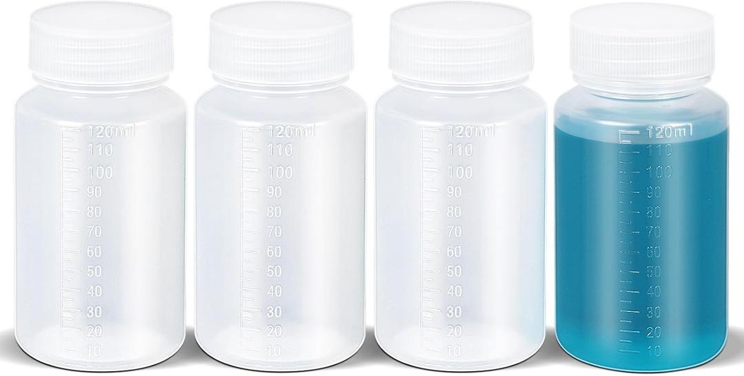 4oz/120ml Squeeze Bottles Wide Mouth Plastic Bottles with Lids, Graduated Food Grade PP Sample Containers for Water Sample Lab Reagent Liquid Medicine Storage (Clear, 4 Pcs)