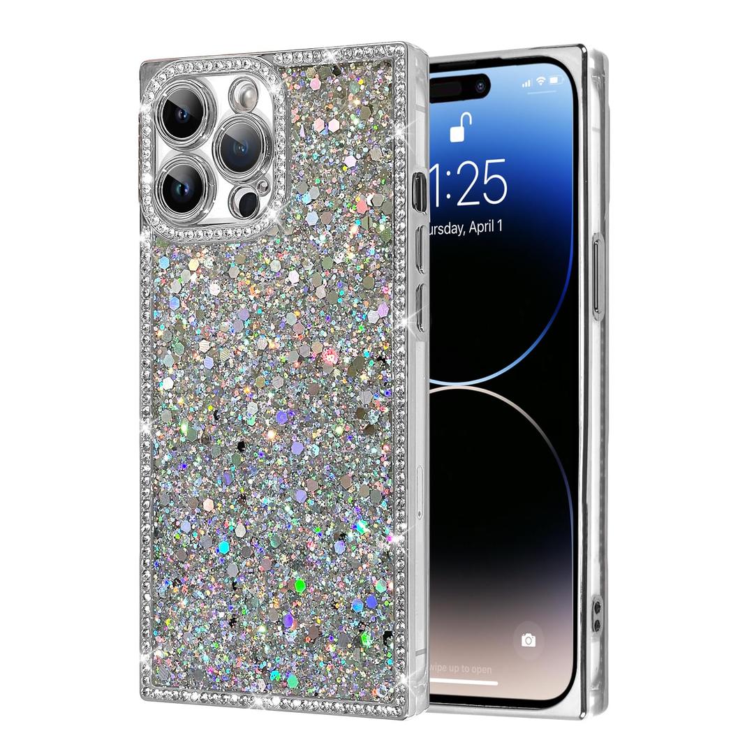 PERRKLD Luxury Glitter for iPhone 14 Pro Max Rectangle Bling Case, Silver