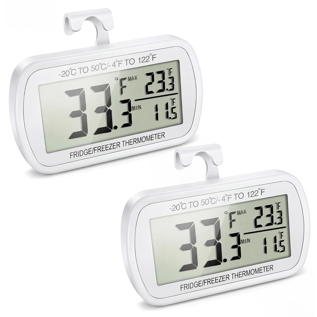 Waterproof Refrigerator Fridge Thermometer, Digital Freezer Room Thermometer, Max/Min Record Function, Large LCD Screen and Magnetic Back for Kitchen, Home, Restaurants (2 Pack)