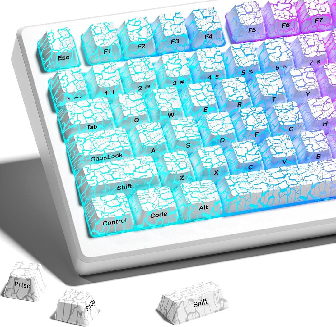 HITIME XVX Shine Through Keycaps w/IMD Tech, Custom Ice Crack Keycaps 60 75 100 Percent, White Key Cap Set 118 Keys Lines Backlit, OEM Profile Side Printed for Keyboards
