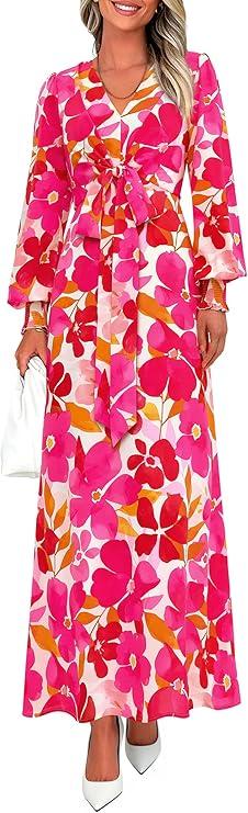 PRETTYGARDEN Women's 2026 Spring Wedding Guest Dresses Floral Long Sleeve V Neck Belted Long Flowy Boho Maxi Dress, M