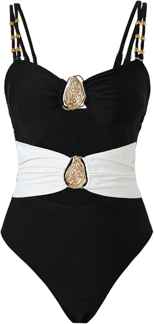 GORGLITTER Women's High Cut Metal One Pieces Swimsuits Modest Tummy Control Bathing Suit Cut Out Color Block Monokini, M