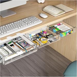 3 Pack Under Desk Drawer Organizer, Slide Out Desk Drawer, Clear Plastic Drawer Under for Office, School, Home, Hidden Desktop Organizer Pen Holder for Self-Adhesive (Clear, 3 Size)
