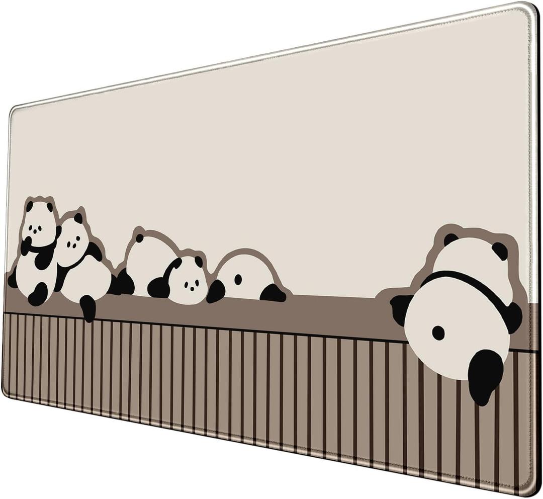 Cute Panda Mouse Pad Xl-31.5x15.7in-Anime Desk Mat-Beige Desk Pad-Large Kawaii Keyboard Mat-with Non-Slip Base Stitched Eges