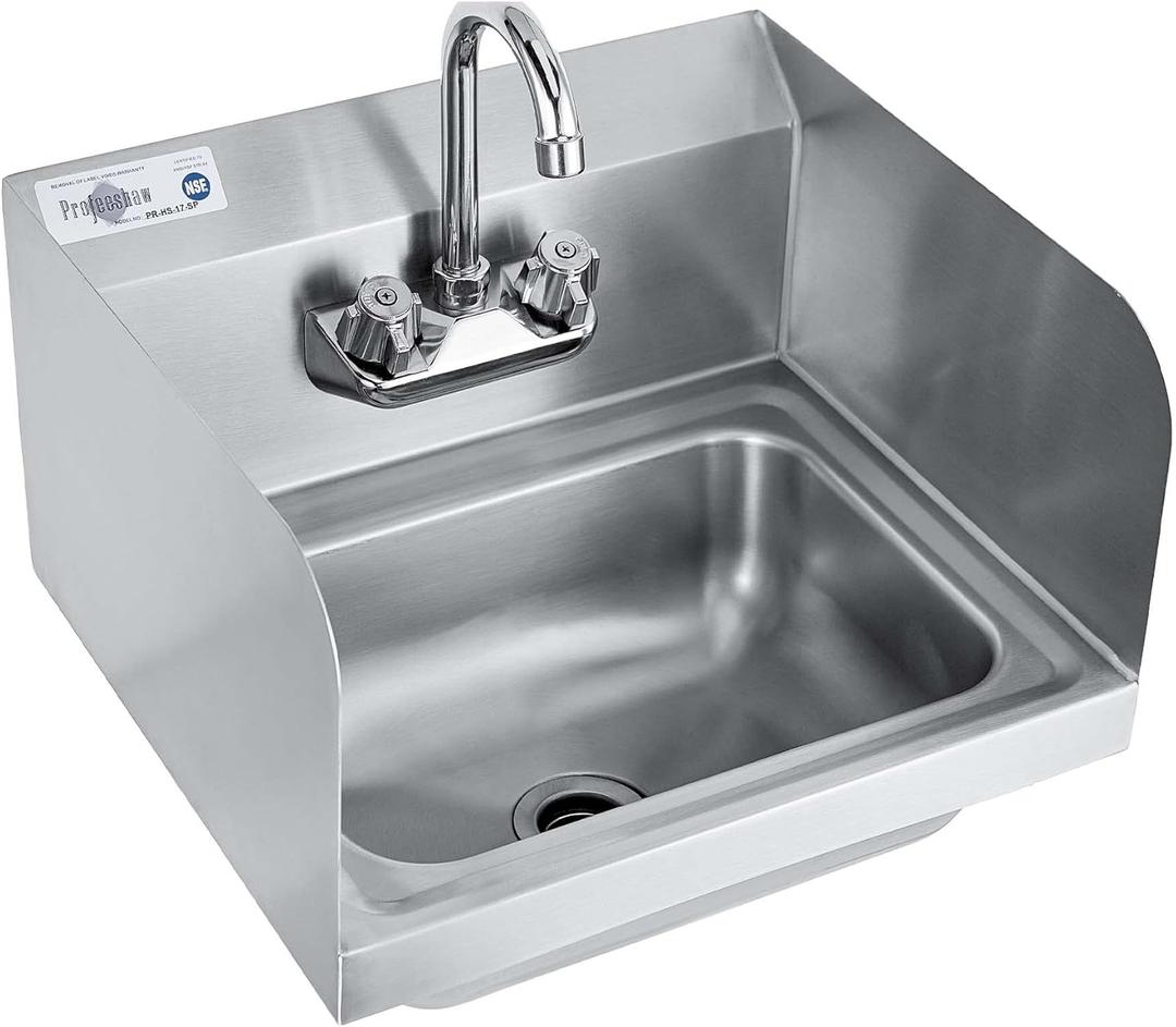 Profeeshaw Stainless Steel Sink Commercial Wall Mount Hand Washing Basin NSF Certified, with Gooseneck Faucet and Side Splash Guard, for Restaurants, Stores, Bars and Home, 17" x 15"  (With Partition)