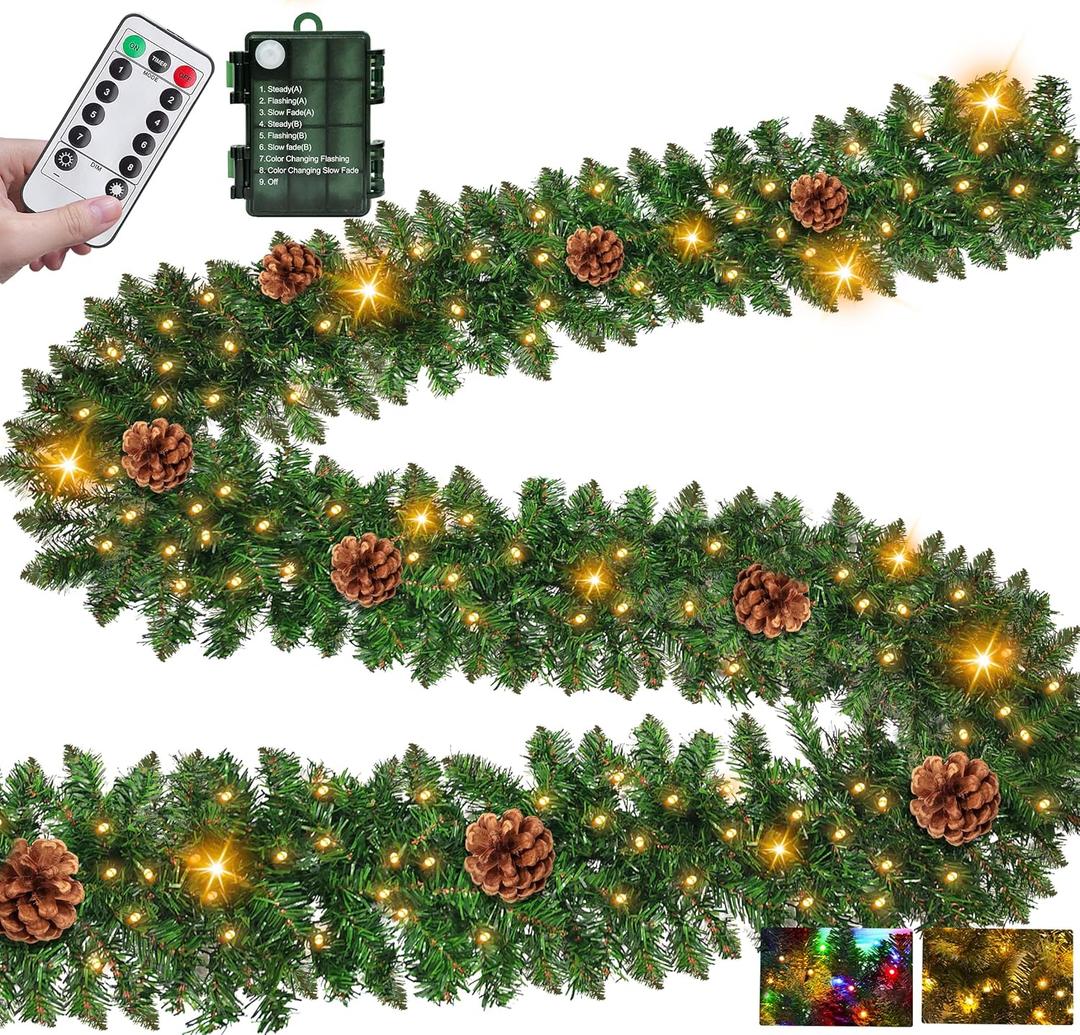 Remote Control&Timer- Super Thick 9 Ft Prelit Christmas Garland with 50 Warm White & Colorful Change Lights, Artificial Lighted Garland 270 Realistic Tips 10 Pinecone for Mantle Stair Railing Outdoor