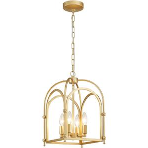 4-Light Gold Chandelier, Modern Farmhouse Lantern Chandelier with Rustic Cage Hanging Pendant Light Fixture for Kitchen Island Bedroom Living Room Entryway Foyer, Dining Room Light Fixtures Over Table