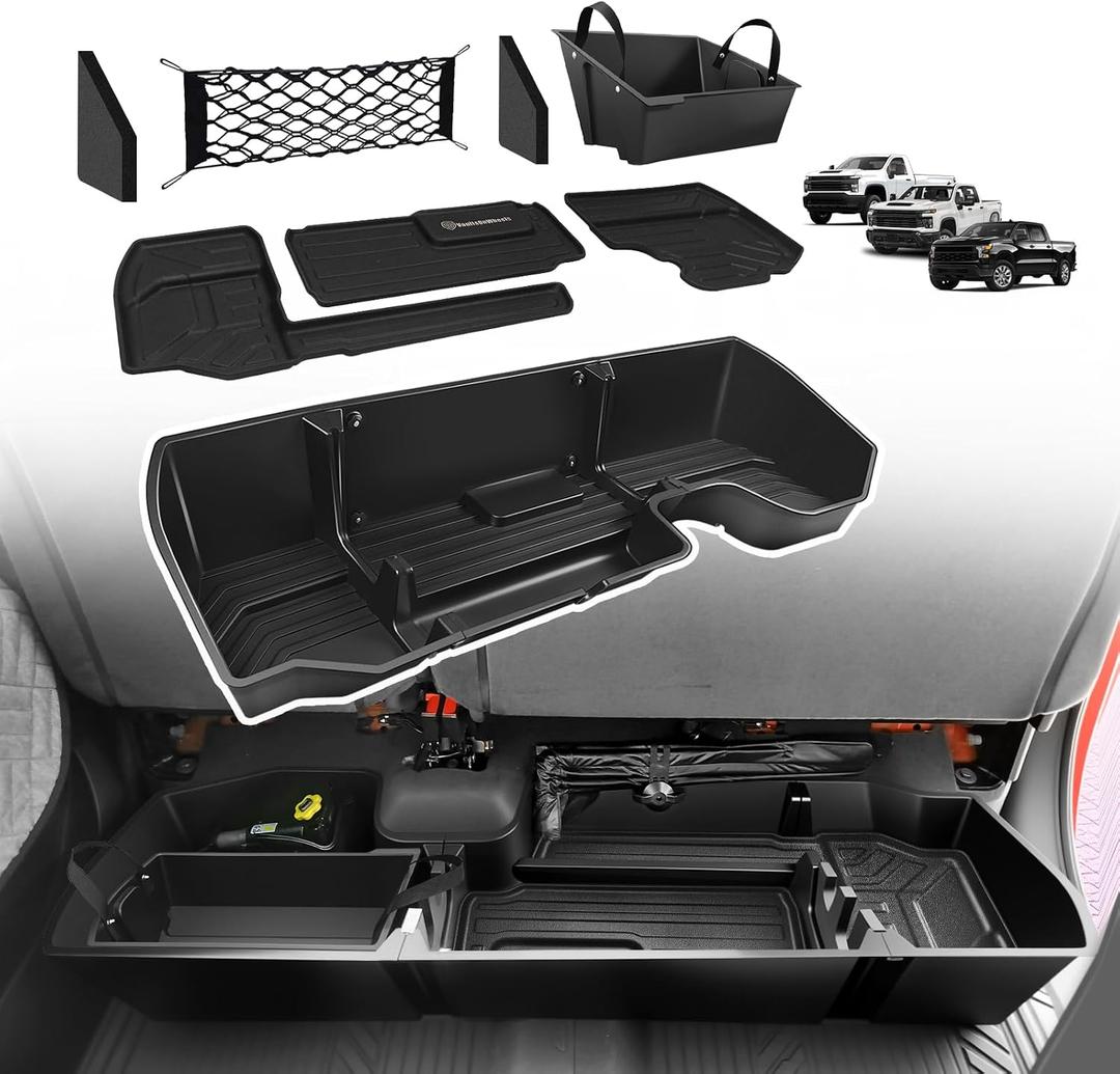 VaultsOnWheels Under Seat Storage Box Fit for 2019-2026 Chevy Silverado 1500/2500/3500HD (Not for Rear Kicker Subwoofer), Console Organizer Truck Tool Box Detachable Underseat Organizer w/TPE Mats