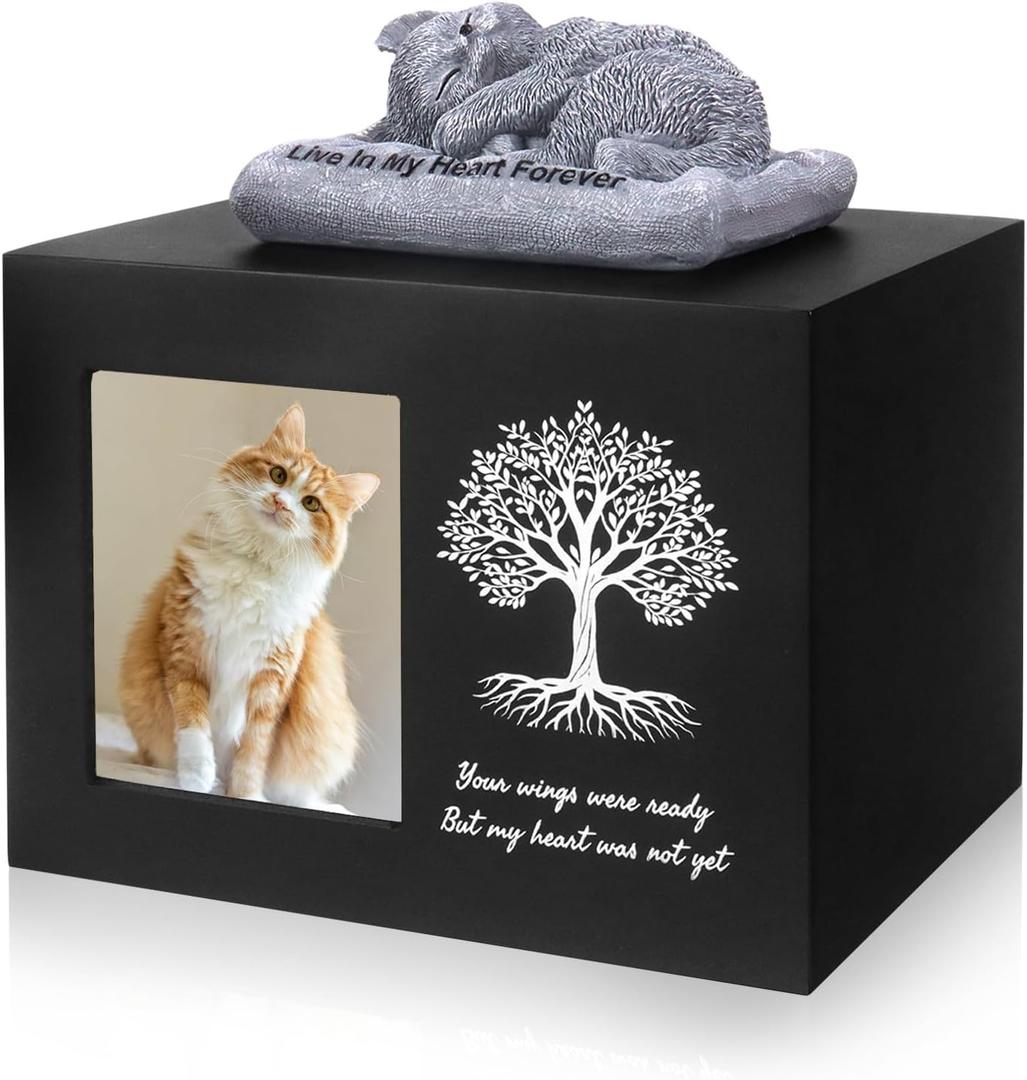 Cat Urn for Ashes, Wooden Tree Pattern Cat Keepsake Box with Photo Frame, Resin Angel Statue & Sealed Storage Bag 7.1"x 5.1"x5.1" (Black)