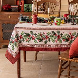 Softalker Christmas Jacquard Rectangle Tablecloth, Winter Vintage Holly Waterproof Table Cloth, Xmas Farmhouse Fabric Table Cover for Holiday, Dining, Party Decor, DHHolly 60 x 120 Inch