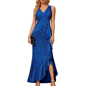 BeryLove Sequin Formal Wedding Guest Prom Cocktail Party Long Ruffle Dresses Sparkly Evening Mother of The Bride Dress, X