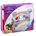 Disney Princess Microfiber Sheet Twin Set One Twin Fitted Sheet - Finished Size 39 inches x 75 inches. One Twin Flat Sheet - Finished Size 66 inches x 96 inches. One Standard Size Pillowcase for 20 inches x 26 inches Pillow Finished Size 20 inches x 30 inches.