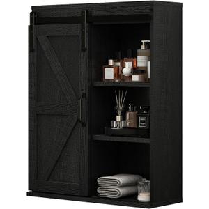 RUSTOWN Farmhouse Wood Wall Storage Bathroom Cabinet with Sliding Barn Door, Rustic Medicine Cabinet with Adjustable Shelf, 3-Tier Vintage Cabinets for Kitchen, Bathroom, Living Room (Black), 27.6" X 21.7" X 7.8"