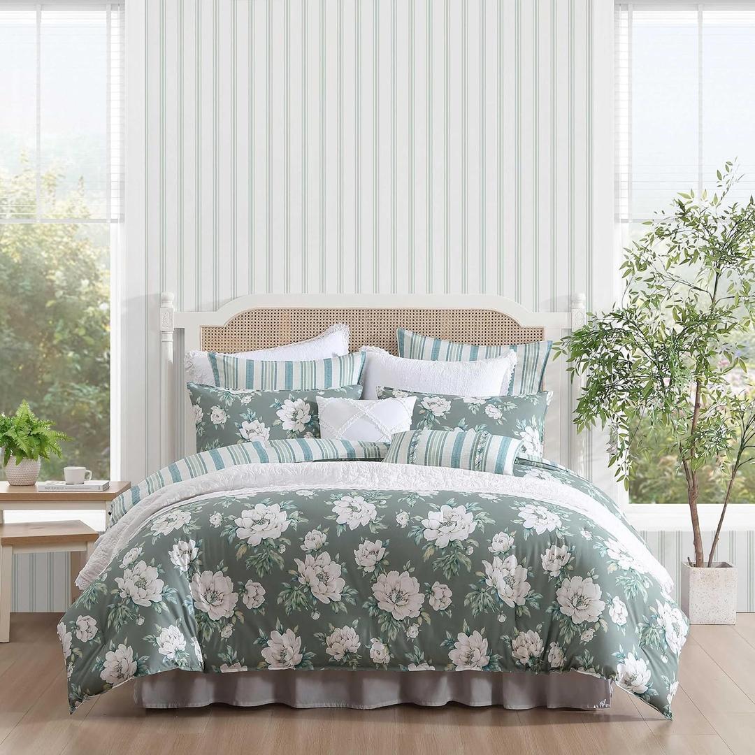 Laura Ashley - Twin Comforter Set, Premium Cotton Bedding with Matching Sham, Includes Bonus Decorative Pillow Covers, Floral Home Decor, Oeko-Tex Certified (Wisley Floral Green, Twin)