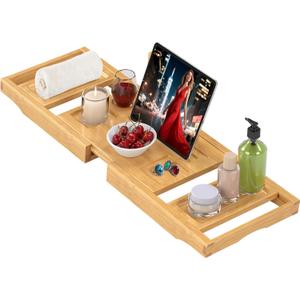Bathtub Tray Caddy,Premium Bamboo Expandable Bath Tub Trays Table, Foldable Bathroom Accessories,Great House Warming, Anniversary and Birthday Gifts,Natural