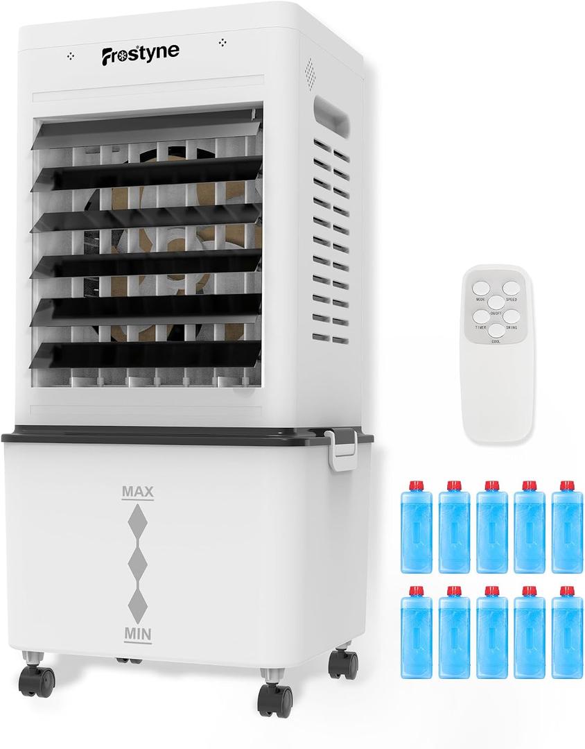 Portable Evaporative Air Cooler w/Humidifier 3Ga Water Tank, 10 Ice Packs, 6 Speeds & 4 Modes, Timer & Remote, Windowless Portable Fan for Bedroom, Home, Office,Black