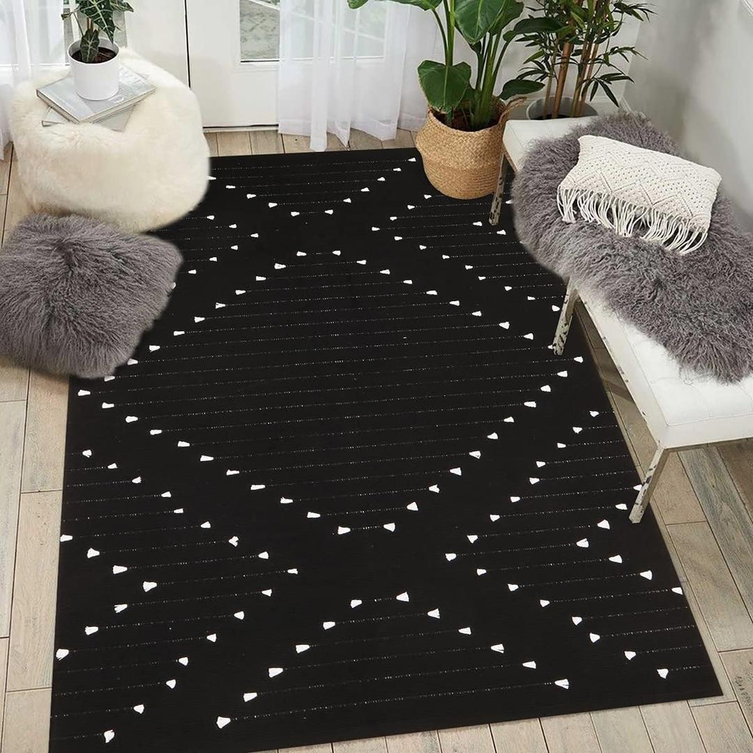 LIVEBOX Boho Black Rug 5x7, Large Washable Rugs for Living Room, Cotton Woven Bedroom Carpet, Moroccan Indoor Thin Throw Area Rugs for Dining Room,Dorm