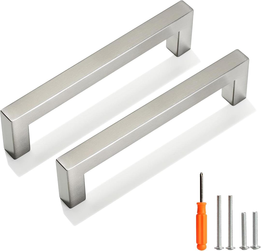 Cabinet Pulls Brushed Nickel Cabinet Handles Square Drawer Pulls, 10 Pack 5 Inch Stainless Steel Kitchen Door Cupboard Cabinet Handles, Cabinet Hardware Drawer Handles, 128mm Hole Centers