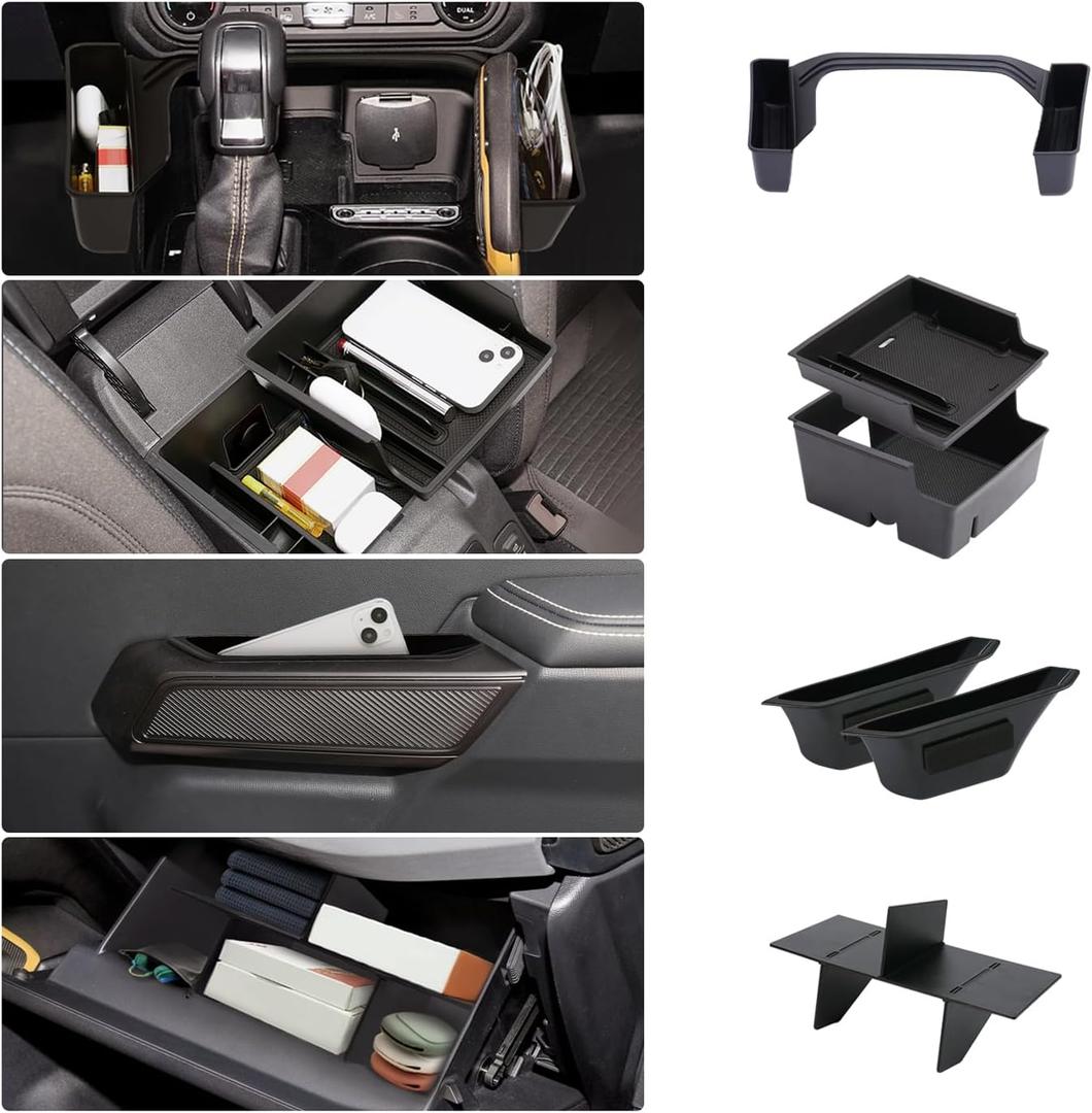 4PCS for Ford Bronco Accessories 2024 2021 2022 2023 2/4 Door Auto Car Interior Bronco Accessories Console Shifter Storage,Glove Box Dividers Organizer,Door Handle Organizer,Armrest Storage Box