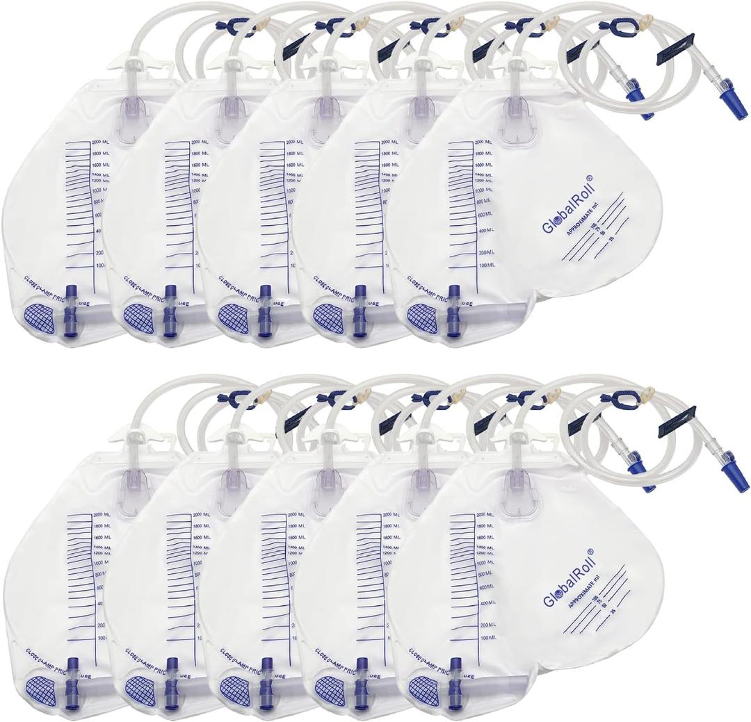Urinary Drainage Bag with Anti-Reflux Chamber, Urine Bag with 2000 mL Volume, 48" Drainage Tube, Clips and Hanging Hook, Professional Urinary Bag for Home and Hospitals Health Aids,10 Pack