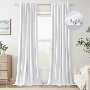 Guken White Linen Blackout Curtains 108 Inch Length 2 Panels Set for Living Room Bedroom Back Tab Thermal Insulated 100% Black Out Linen Drapes Room Darkening Window Curtains 108 Inches Long White