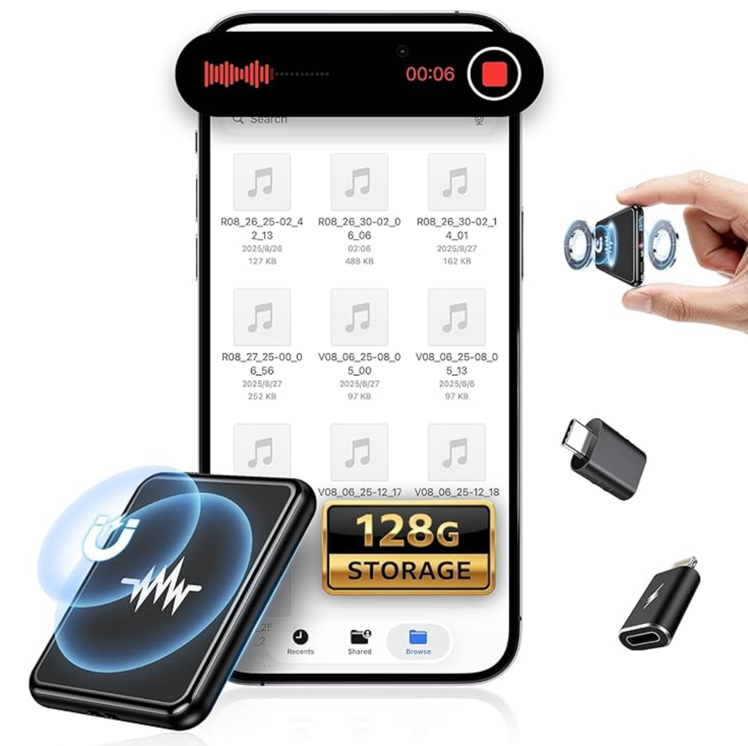 128G (9800 Hour) Voice Activated Recorder, Double-Sided Magnetic Voice Recorder with Playback, Audio Recorder with AI Intelligent Noise Reduction, 70H Continuous for Lectures, Meetings