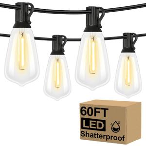 Brightever LED Outdoor String Lights 60FT with 32 Shatterproof ST38 Vintage Edison Bulbs, Outside Hanging Lights Waterproof for Patio, Porch, Deck, Garden, Backyard, Balcony, 2700K Dimmable (60FT-Warm White, Black Wire)