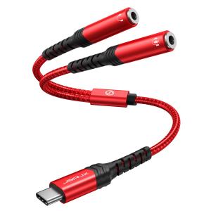 JSAUX USB C to Dual 3.5mm Female Headphone Splitter, Type C to Dual 3.5mm Female Aux Y Jack Headphone Adapter Compatible with iPhone 16 Pro Max/15 Pro Max, Galaxy S24/23 Ultra, Pixel, iPad Pro-Red