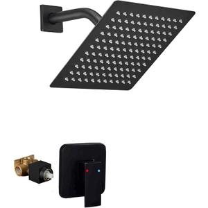 Black Shower Faucet GGStudy Single Function Shower Trim Kit with Rough-in Valve Shower Set Bath Rainfall Shower Faucet System 8inch Square Stainless Steel Metal Shower Head