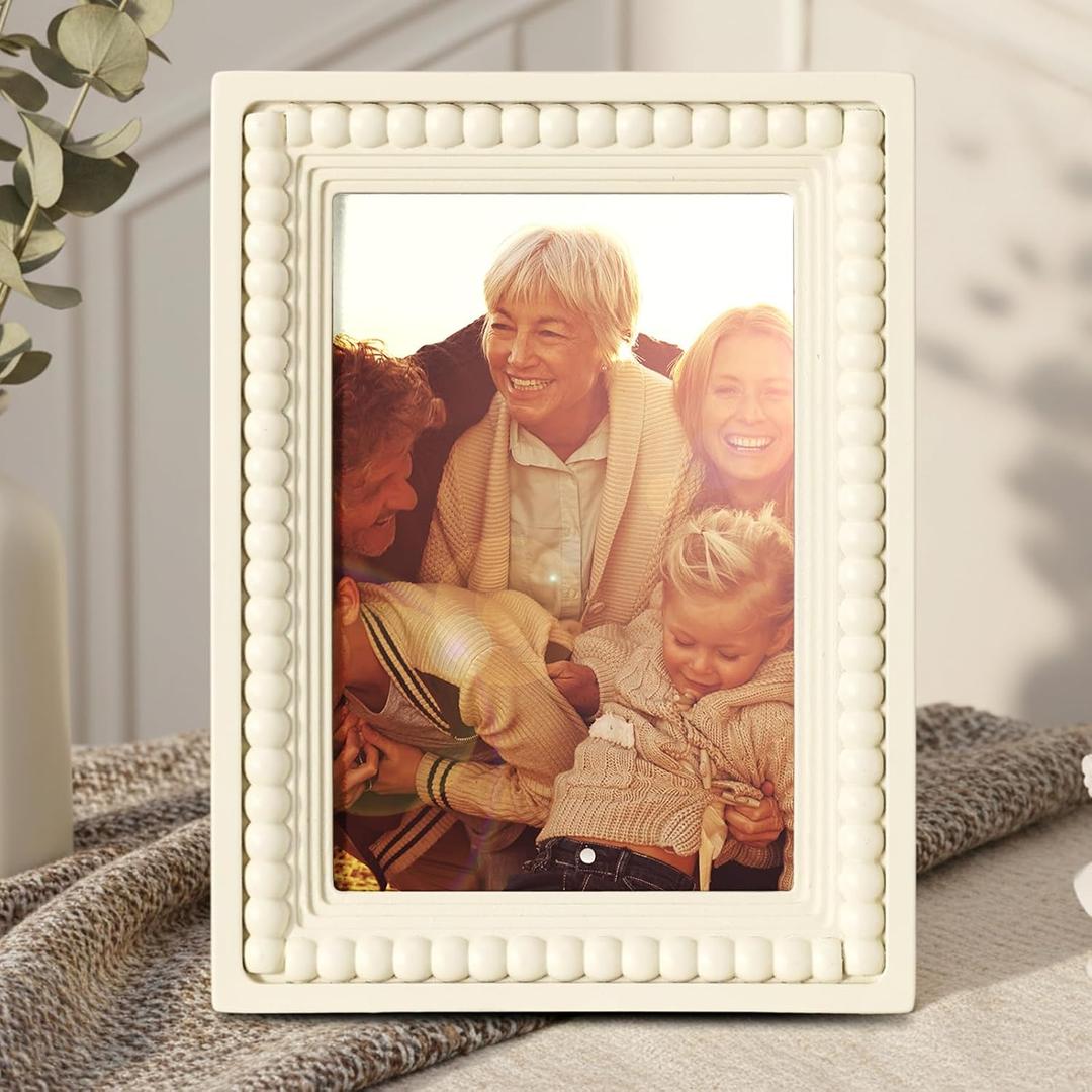 Geelin 4 x 6 Wooden Beaded Picture Frame Display Picture 4 x 6 Boho Farmhouse Photo Frame Birthday Wedding Anniversaries Gift for Vintage Rustic Wall and Tabletop Display Decor, Beige (5 x 7, White)