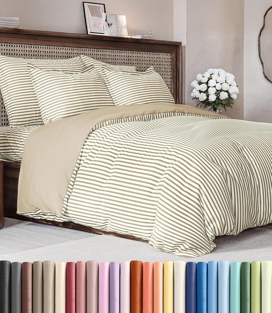 Duvet Cover King Size Set - Extra Soft King Duvet Cover 104" x 90" with 2 Pillow Shams - Hotel Luxury, Easy Care, Fade Free with Zipper Closures & Ties - All Season, Comfy & Breathable (Beige Stripes)