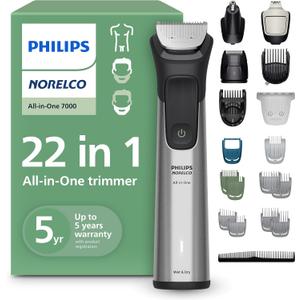 Norelco Philips All-in-One 7000 Series 22-Piece Trimmer - Electric Shaver and Clipper for Face, Beard, Head & Body, Self-Sharpening Full Metal Blades, 28 Length Settings (0.5-16 mm), MG7975/49 (Steel)