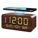 Digital Alarm Clock, with Wooden Electronic LED Time Display, 3 Alarm Settings, 10W Wireless charging, Day of the week, Temperature Detect, Wood Made Digital Clocks for Office, Bedroom, Bedside, Brown