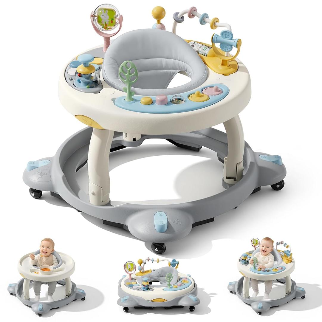 Baby Walker with Wheels, Foldable Baby Walker for Baby 6-12 Months, 3-Position Rotating Seat with Interactive Activity Center, Music Buttons, Baby Walkers for Boys Girls(Grey)