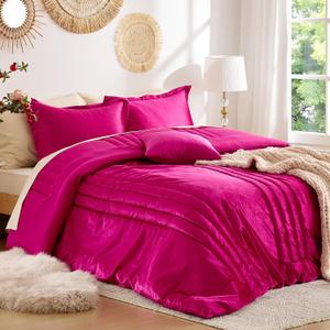 MUSSEL Hot Pink Queen Comforter Set 3 Pieces,Luxury Lightweight Fluffy All Season Cozy Velvet Bedding Comforter Sets,Neutral Striped Bedroom Comforter with 2 Shams
