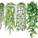 Der Rose 4Pcs Fake Plants Hanging Artificial Ivy Vine Faux Eucalyptus Hanging Plants, Boston Fern, String of Pearls for Living Room Bedroom Boho Wall Shelf Indoor Outdoor Decor (White Pots)