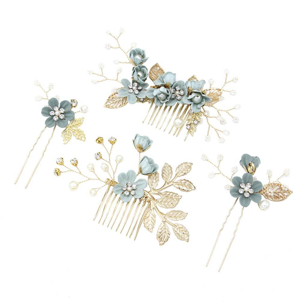 NUOBESTY 4-Piece Sage Green Wedding Hair Comb Set Bridal Hair Accessories with Pearl Floral Leaf Design for Women Special Occasions
