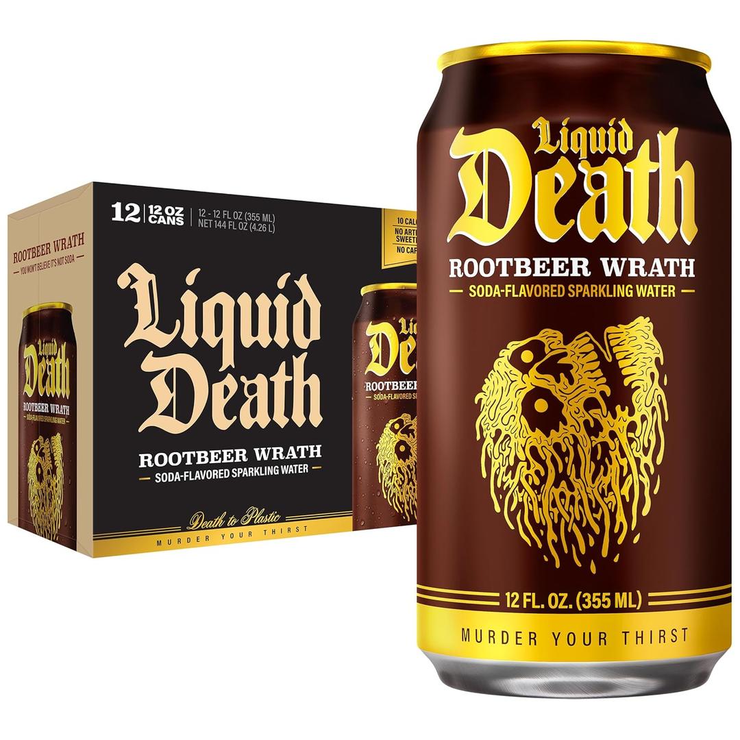 Liquid Death Soda-Flavored Sparkling Water - Rootbeer Wrath, Less Sugar*, Huge Flavor, No Caffeine, No Artificial Sweeteners, 12 Fl Oz (Pack of 12) (EXP 06/29/27)