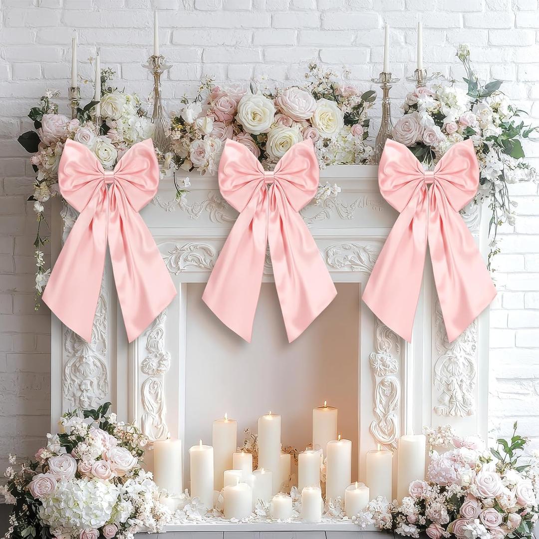 3 Pcs 2 FT Large Bow Decorations Big Satin Bows Hanging Wall Decors for Room Fireplace Coquette Birthday Backdrop Bridal Shower Wedding Bachelorette Christmas Party Supplies(Pink)