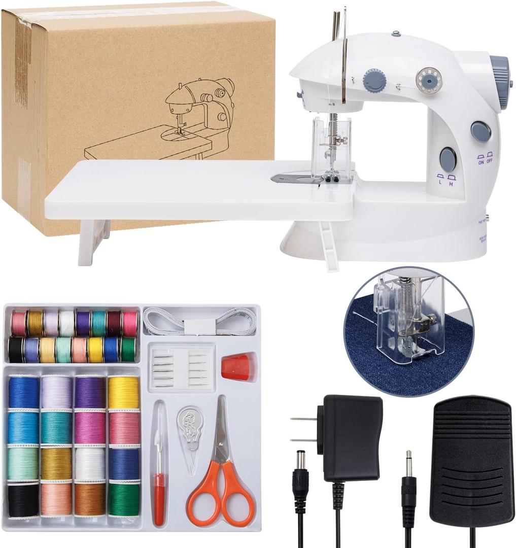 Sewing Machine for Beginners with Expansion Table Foot Pedal 42Pcs Sewing kit Finger Guard & Light Mini Small Portable Sewing Machines 2-Thread 2-Speed 2-Switches for Kids Ages 8-12 White and Grey