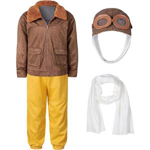 Pilot Aviator Costume Kids Coat Pants Hat Scarf Girl Boy Party Cosplay (6-8 Years, Brown)