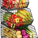 X-cosrack 3-Tier Stackable Wire Baskets for Pantry Organization and Storage, Kitchen Counter Basket for Potato Onion Storage, Fruit and Vegetable Storage Basket, Metal Baskets for Snack Produce Cans (Black)