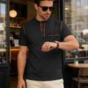 Men's Henley Shirt Short Sleeve T-Shirt Casual Top Pullover Summer Lightweight Tee Shirts with Button (Black, XL)