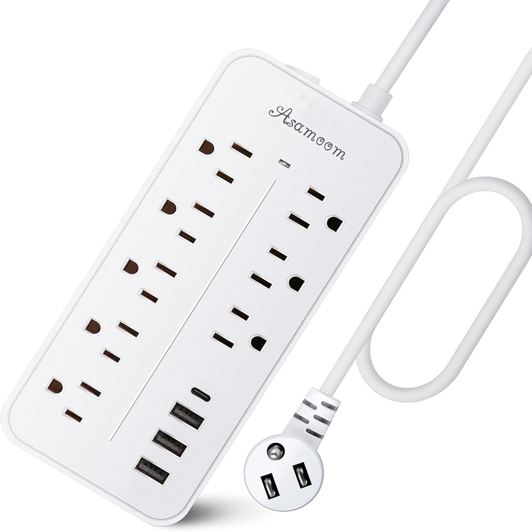 25FT Surge Protector Power Strip Extension Cord with USB C, Asamoom Flat Plug Power Strip with Long Cord, 8 Outlets and 4 USB Port,1700J Surge Protector for Home Office White, ETL Listed