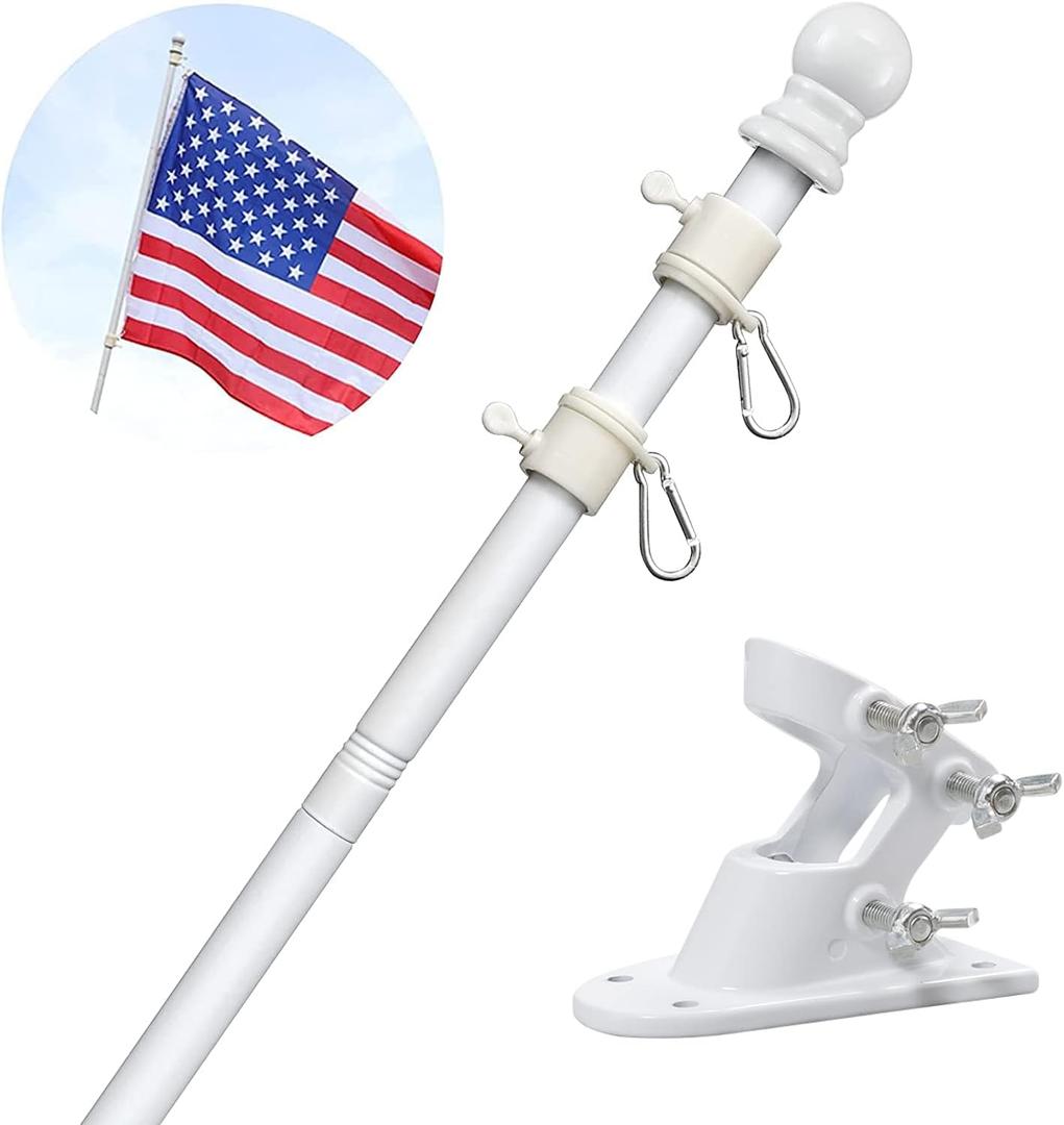 5ft Stainless Steel Flag Pole for House, Tangle Free Design with Two-Position Bracket, White, for 3x5 American Flag, Outdoor Use