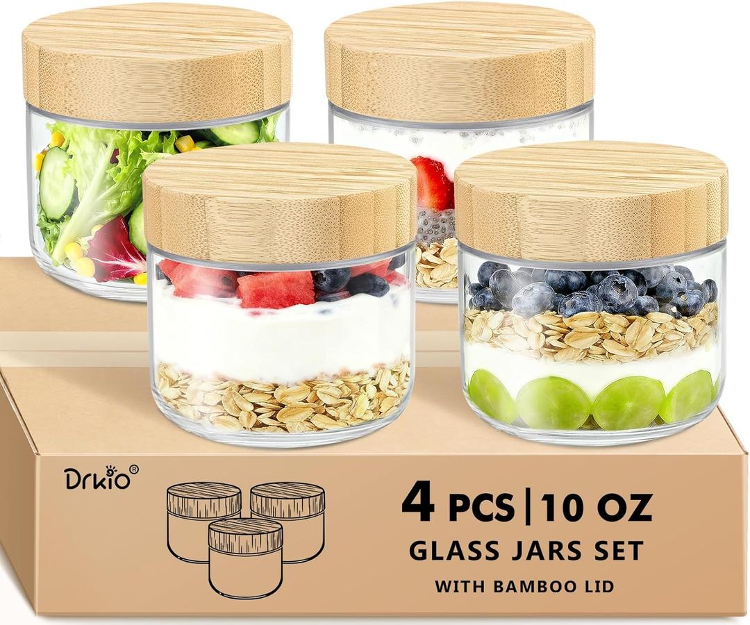 DRKIO 10 Oz Overnight Oats Containers with Bamboo Lids - 4 Pack Glass Storage Jars with Airtight Lids Wide Mouth Mason Food Jars Great for Meal Prep Salad Chia Pudding Snacks Yogurt Sugar Spice