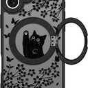 Cute Case for iPhone 16 Case with Stand [ Compatible with MagSafe ] Kawaii Black Cat & Floral & Butterflies Pattern Design 360 Magnetic Ring Kickstand Phone Cover for Women Girls Boys
