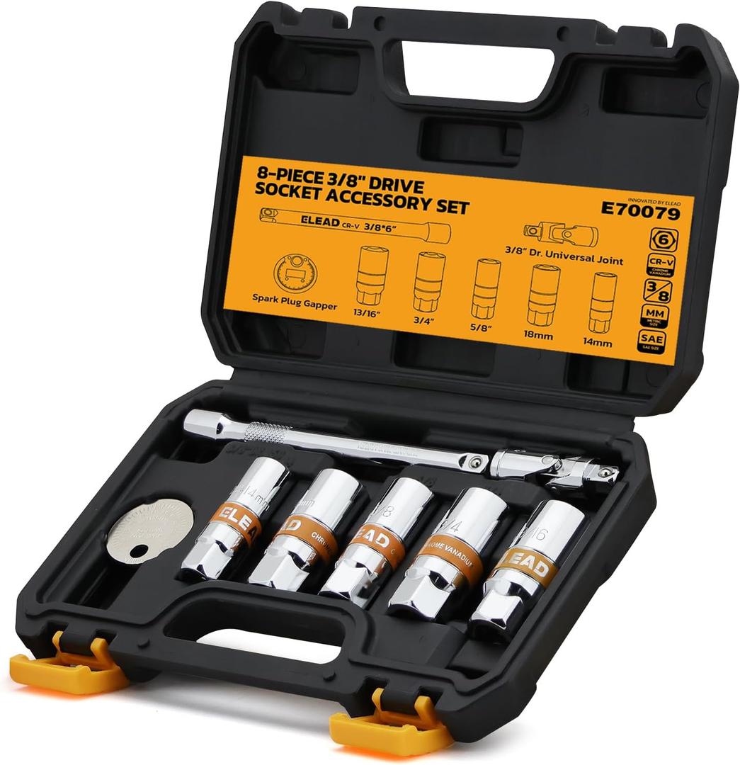 ELEAD 8-Piece 3/8" Drive Spark Plug Socket Set with Universal Joint, Spark Plug Gapper and 6" Extension Bar, SAE & Metric, 5/8", 3/4", 13/16", 14mm, 18mm, CR-V Sockets with Rubber Holding Rings